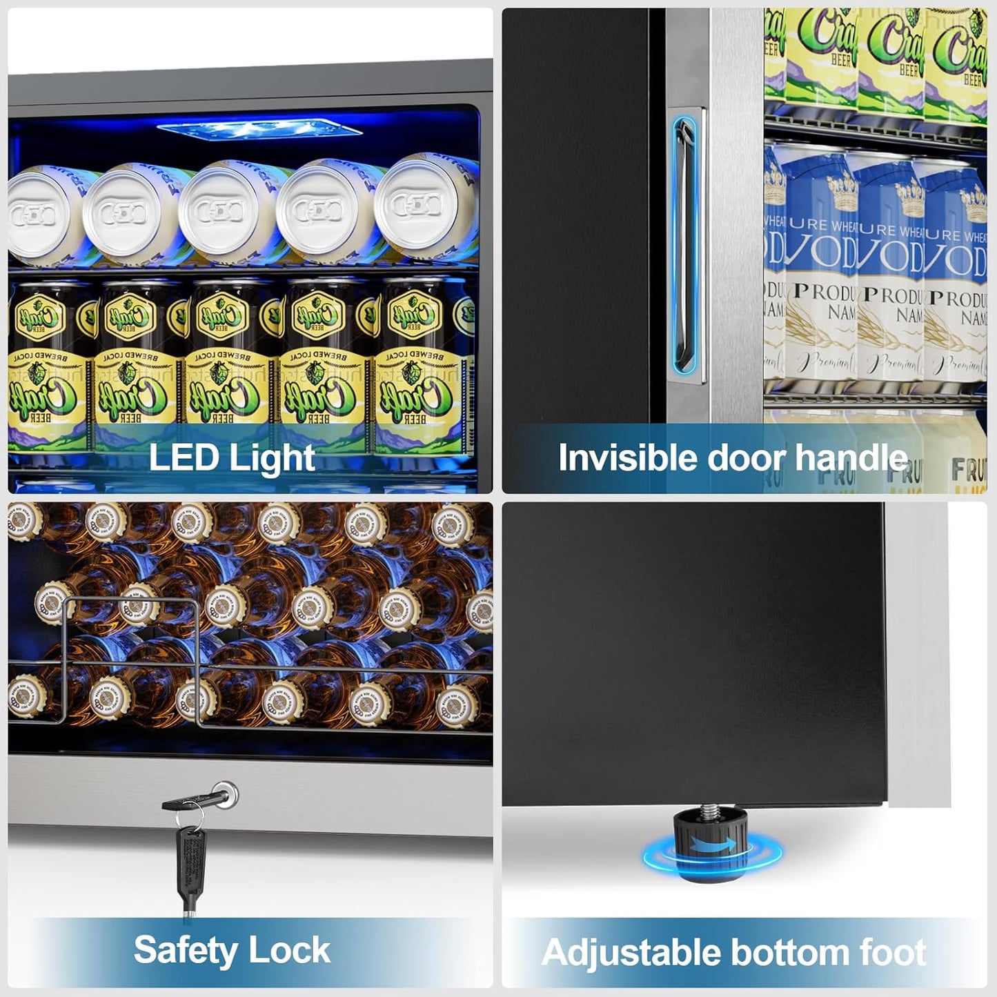 Mini Beverage Refrigerator 3.2 Cu. Ft Small Fridge 126 Can Lockable Drink Cooler with Glass Door, Safety Lock, For Beer Soda, Silver