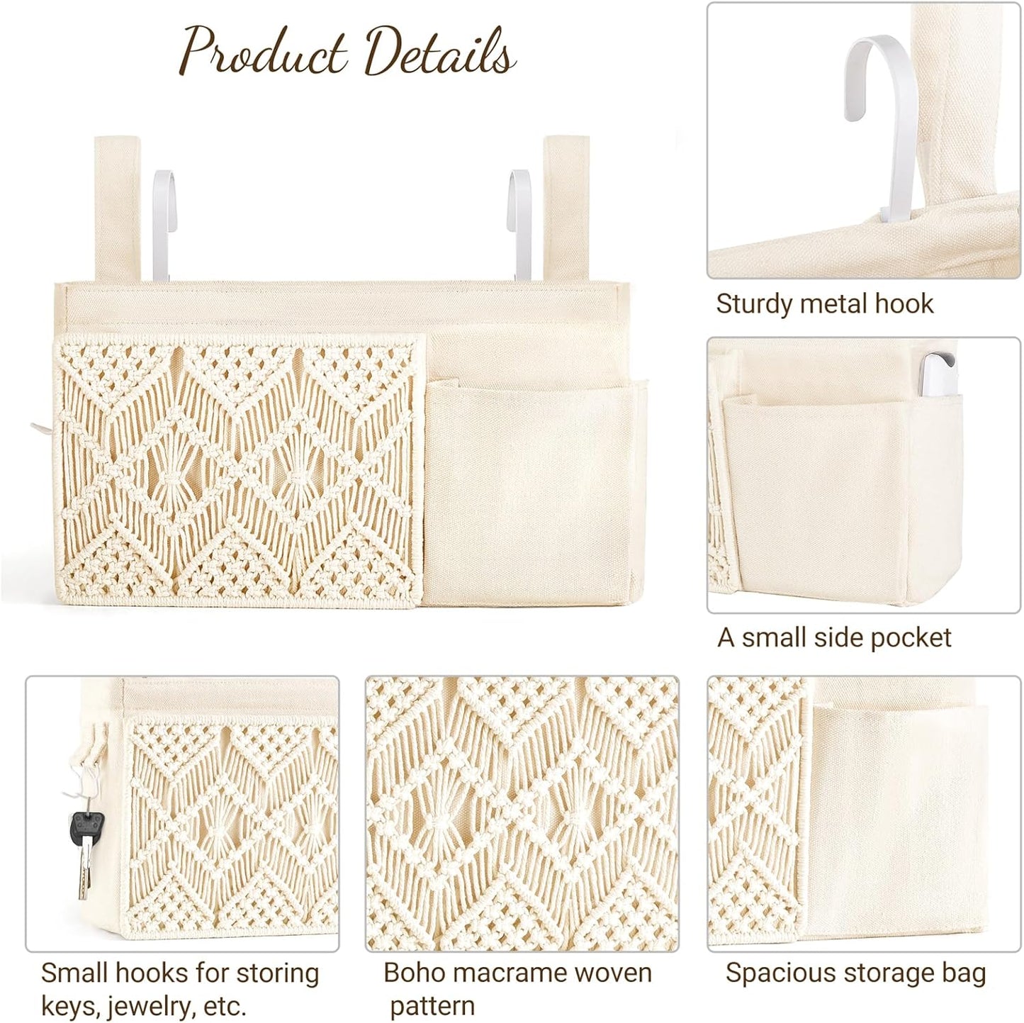 Mkono Bedside Caddy Hanging Organizer, Boho Macrame Storage with Fixed Straps and Hooks, 4 Pockets Holder Remote Magazine Accessories for Home Loft Bunk Bed, Dorm, Hospital Beds