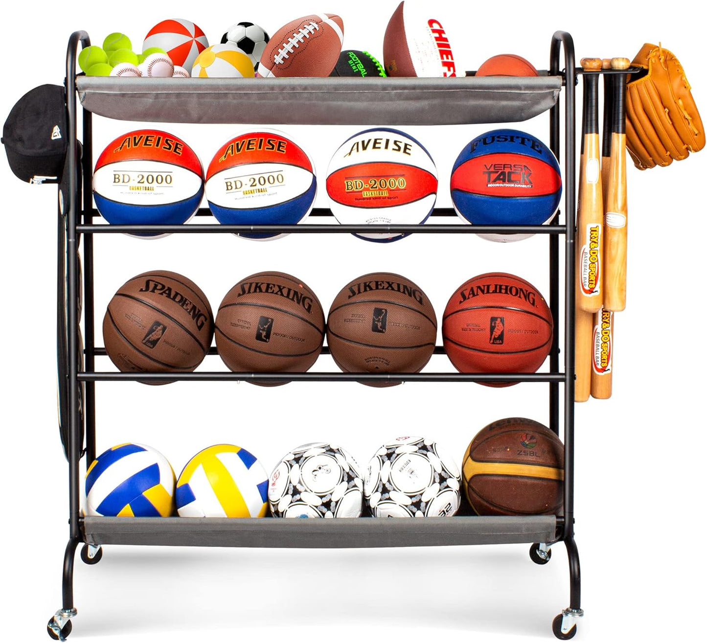 Basketball Rack, 4-Layer Ball Rack Rolling Balls Organizer with Baseball Bat Holder & Hooks Sport Equipment Storage Cart with Wheels for Football, Volleyball, Soccer