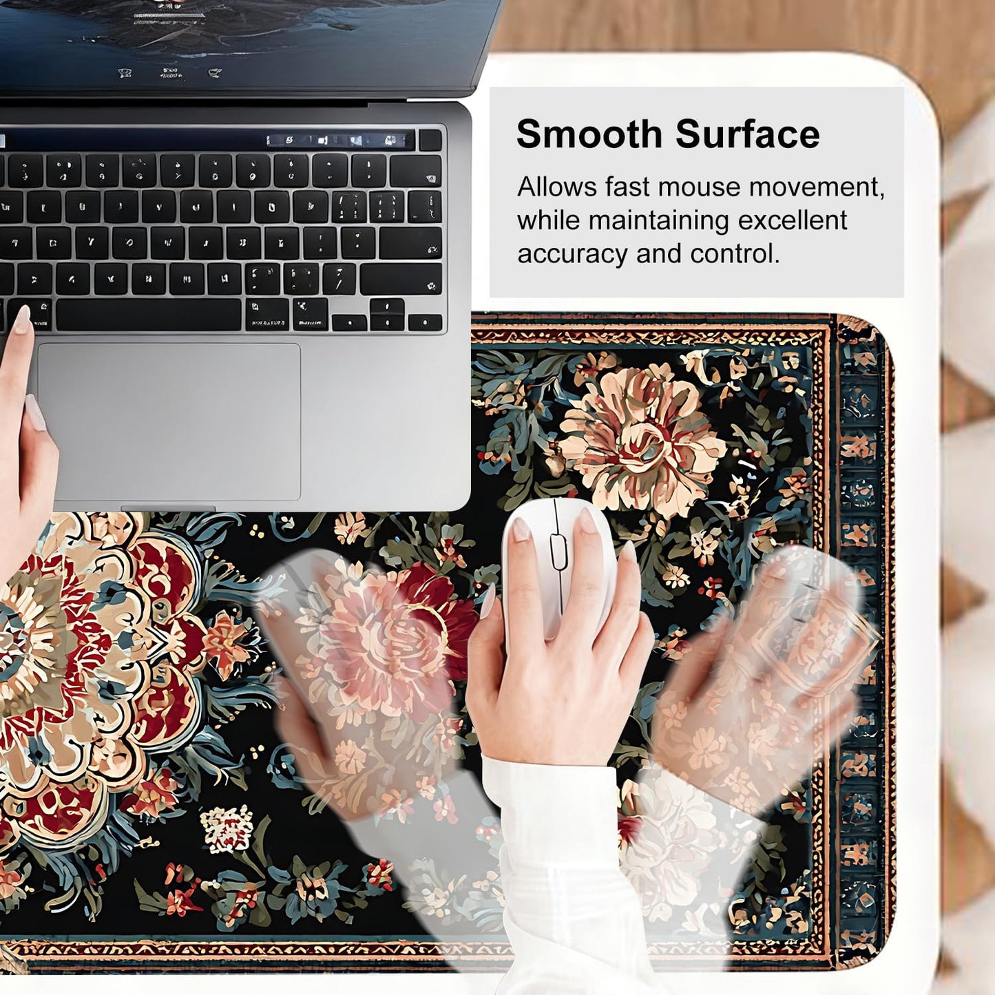 Vintage Persian Carpet Mouse Pad – Large Extended Desk Mat 31.5 x 11.8 in – Oriental Floral Rug Design, Non-Slip Rubber Base, Stitched Edges, Soft Keyboard & Mouse Mat for Office or Gaming