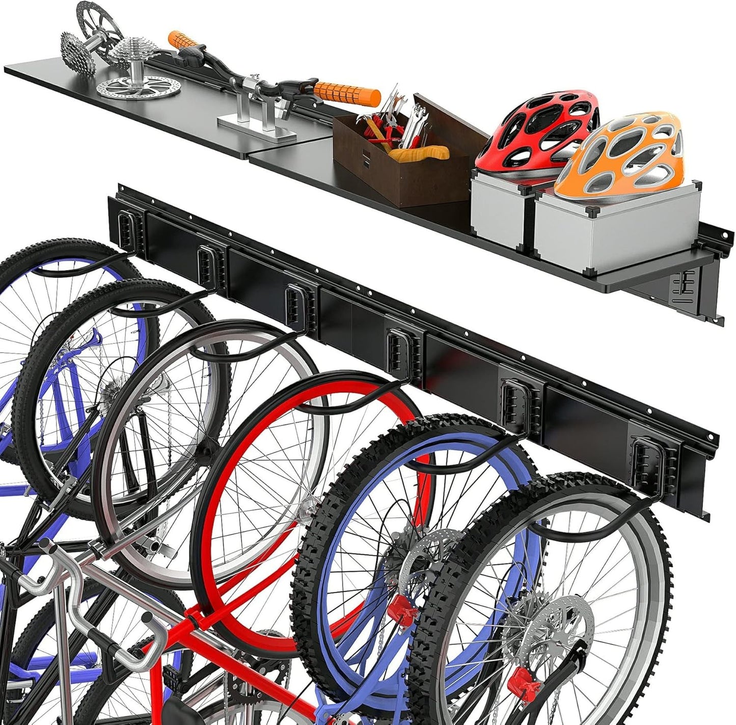 TORACK Bike Storage Rack with Shelf, 6 Bikes Hangers for Garage, Space Saving Bike Rack Wall Mount, Holds Up to 600 LBS
