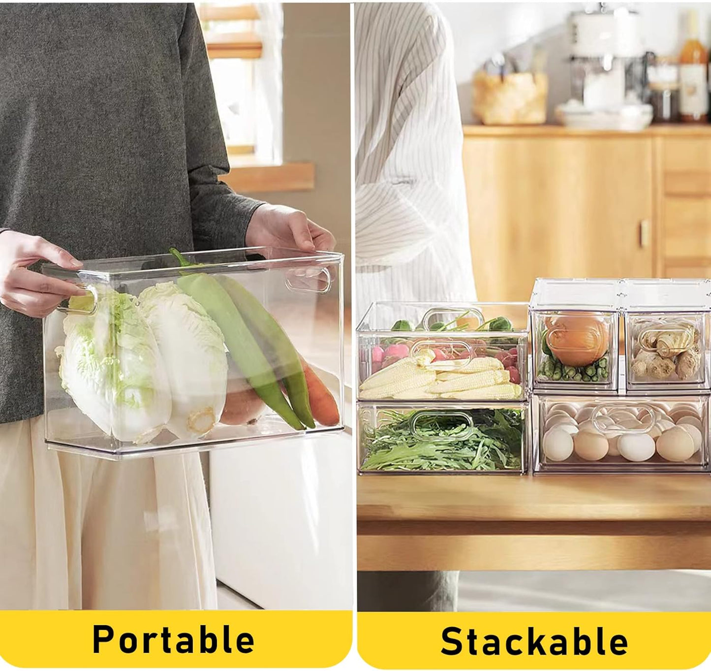 2 Pack Refrigerator Organizer Bins Stackable Fridge Organizer Set with Pull-out Drawer Clear Vegetable Fruit Storage Containers for Kitchen Pantry Organization