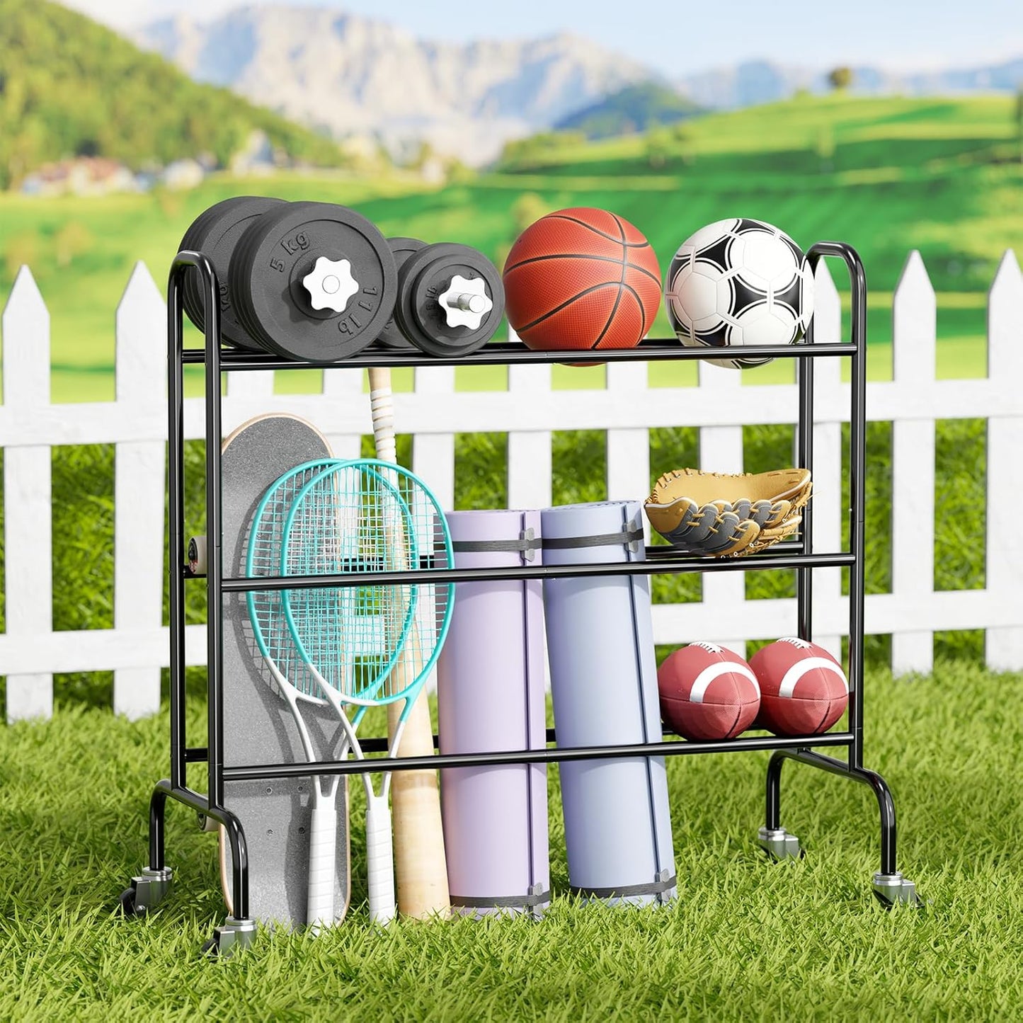 SUFAUY Sports Equipment Organizer, Garage Basketball Rack, Gear & Ball Storage Rack, Outdoor and Indoor Rolling Balls Cart with Wheels