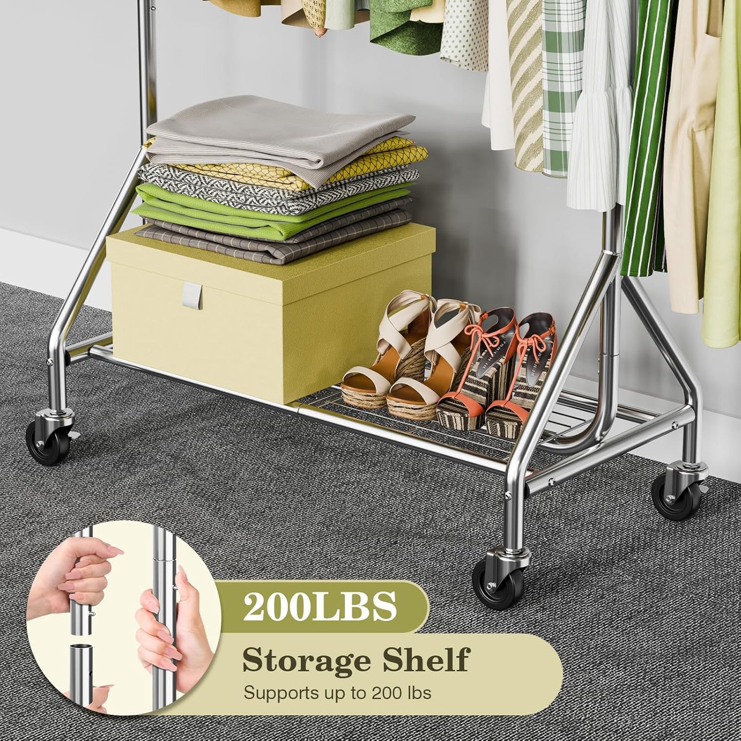 Clothes Rack Load 450 LBS, Heavy Duty Garment Rack, Standing Rolling Metal Hanging Clothes with Sturdy Wheels & Shelves, Silver