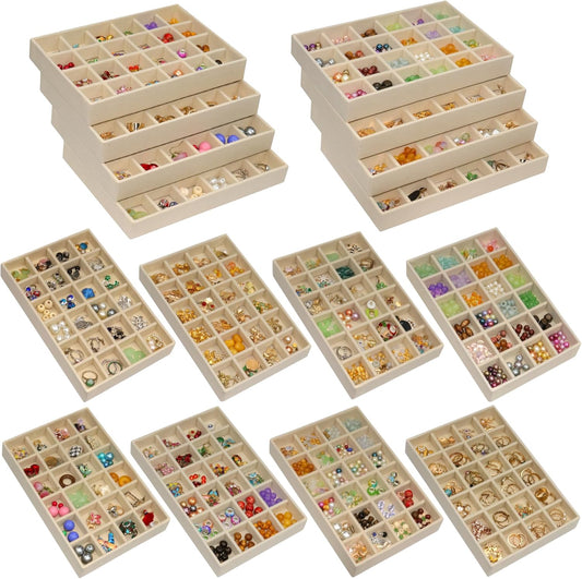 24 Grid Stackable Jewelry Organizer Tray Velvet Jewelry Drawer Inserts Earring Organizer for Women Jewelry Display Box Case for Earring Rings Stud Necklaces (Set of 8, Beige