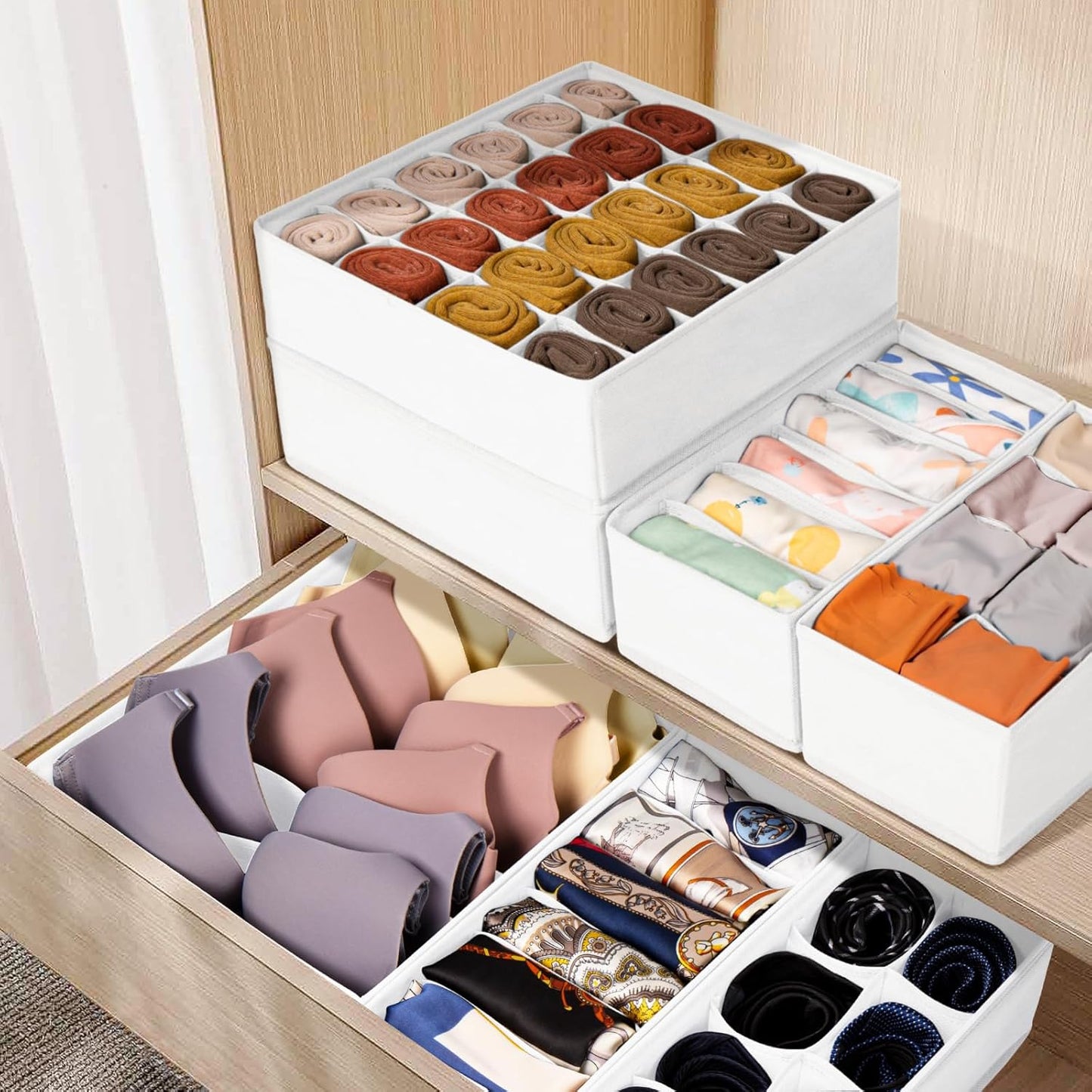 Criusia Drawer Organizer Clothes, 8 Pack Dresser Organizer Bins for Baby Clothes, Underwear Sock, Fabric Closet Organization and Storage Dividers for Nursery Bedroom (96 Compartments, White)