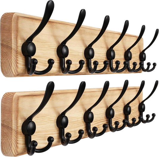 Dseap Coat Rack Wall Mounted - 24" Long 6 Tri Hooks, Heavy Duty Wooden Wall Coat Hanger Coat Hook for Clothes Hat Jacket Clothing, Weathered Light Natural and Black, Pack of 2