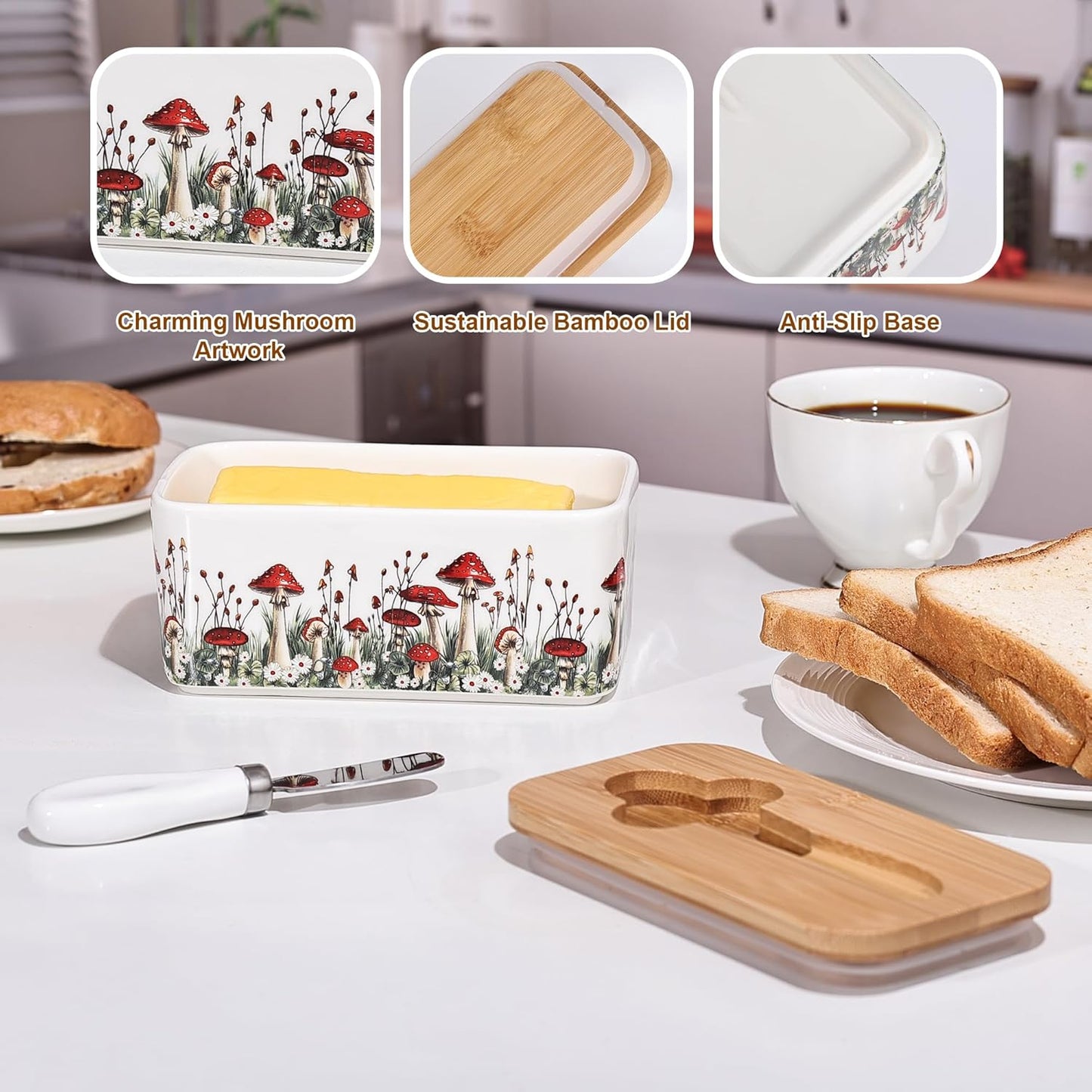 Fungi Fun Ceramic Mushroom Butter Dish with Lid and Knife, Cute Butter Dish for Countertop and Fridge, Ceramic Container for Countertop with Lid and Selicon Seal, Ideal for Mushroom Kitchen Decor