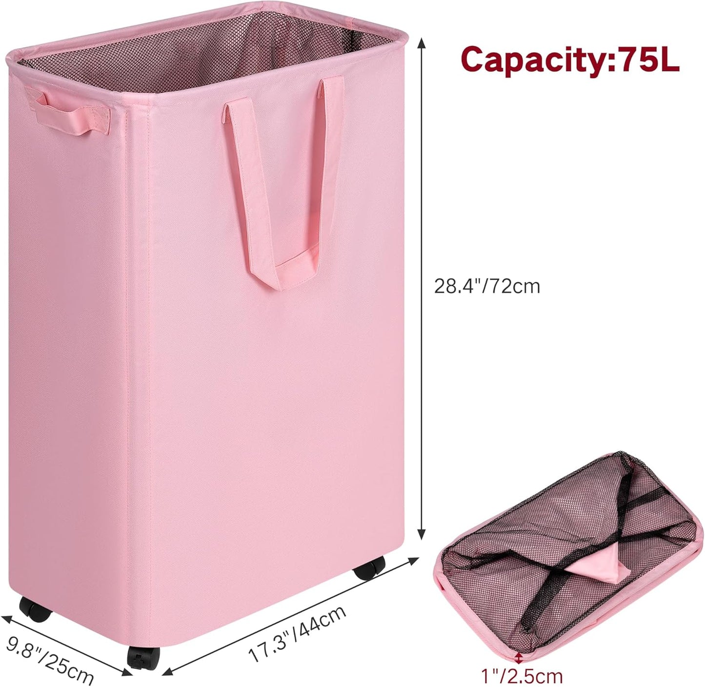 efluky Slim Laundry Hamper with Wheels, Rolling Laundry Basket for Clothes, Small Laundry Basket for Bedroom, Dorm and Laundry Room, 75L (19.8 Gallons) Pink