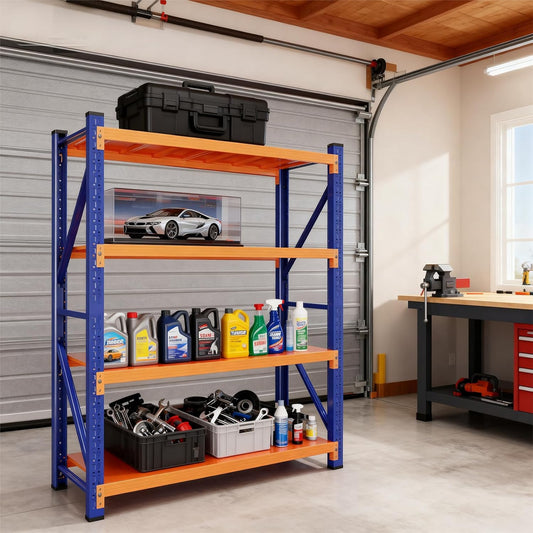 79" H Garage Shelving,3500LBS Heavy Duty Storage Rack,4 Tiers Metal Storage Rack Shelf, Adjustable Shelving Unit for Garage,Kitchen,Warehouse,Basement,78.7" H x 47.2" W x 19.6" D,Blue&Orange