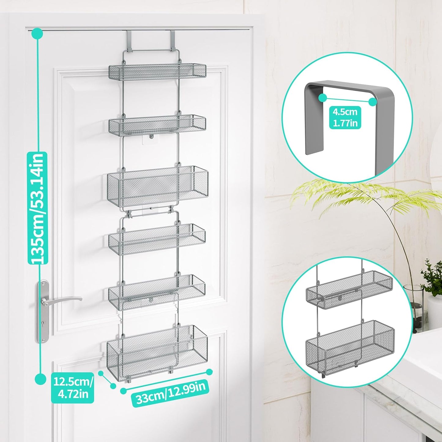 HapiRm Over Door Organizer Storage - Separable Door Organizer Hanging with 6 Metal Large Capacity Baskets for Bathroom Bedroom Kitchen Pantry Closet (Grey)