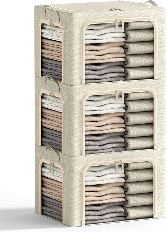3 Openings Clothes Storage Bins with Metal Frame, Foldable Storage Bin for Clothes, Clothing Storage Bins with Lid, Linen Storage Box With Clear Window＆ Zippers＆ Durable Handles.(3 Pcs,Beige,40L)
