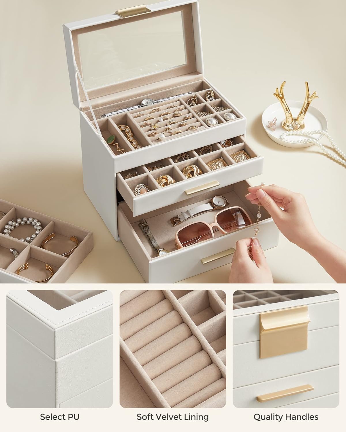 SONGMICS Jewelry Box Organizer with Glass Lid, 4-Layer Jewelry Storage, with 3 Drawers, Modern Style, Christmas Gift, 6 x 9.9 x 8.5 Inches, Cloud White and Gold Color UJBC161W01