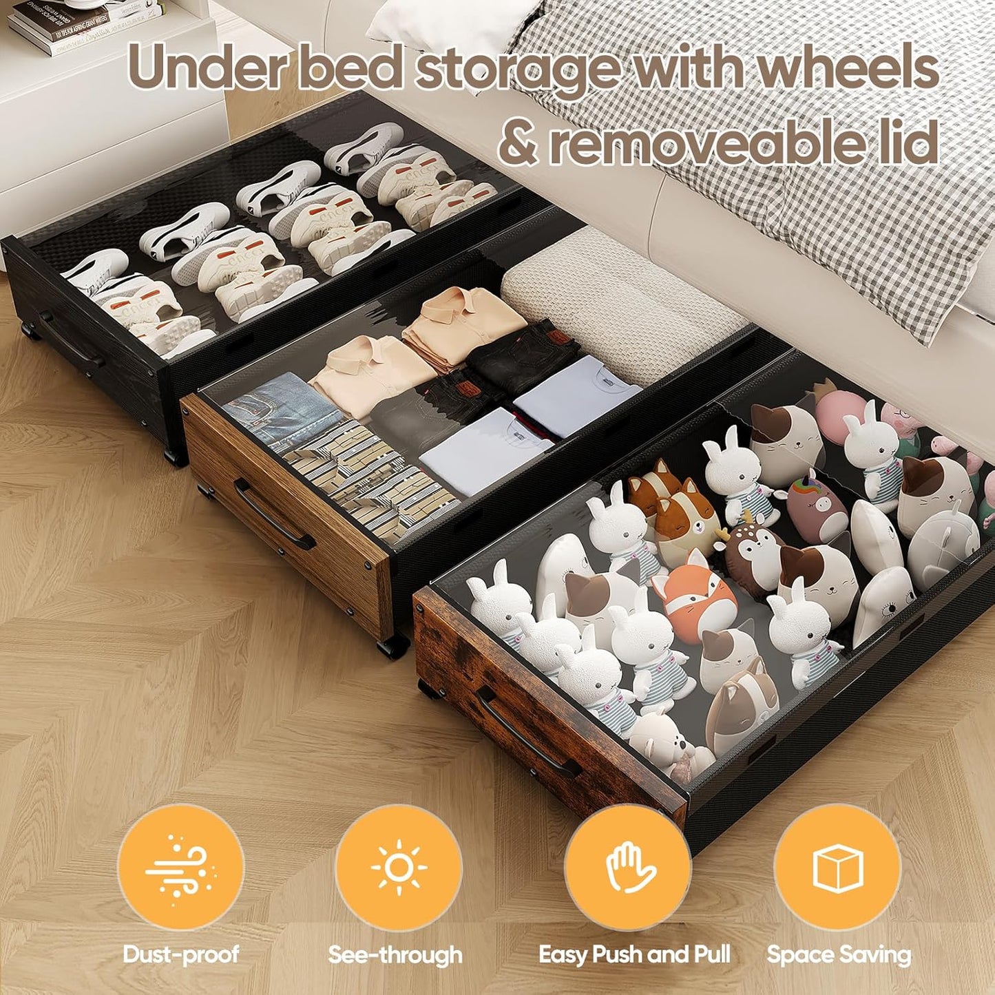 Under Bed Storage with Wheels, Underbed Shoe Storage Containers, Under the Bed Storage Drawers with Lid, Wooden Rolling Blankets Clothes Storage Metal Drawer for Bedroom Dorms Room (Walnut 2pack)