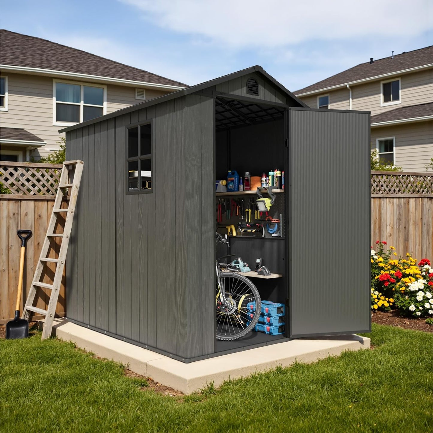 Devoko 4x6 FT Outdoor Storage Plastic Shed, Waterproof Resin Garden Shed with Lockable Door, Floor & Window, All-Weather Tool Shed for Backyard, Patio, Lawn, Poolside, Dark Gray