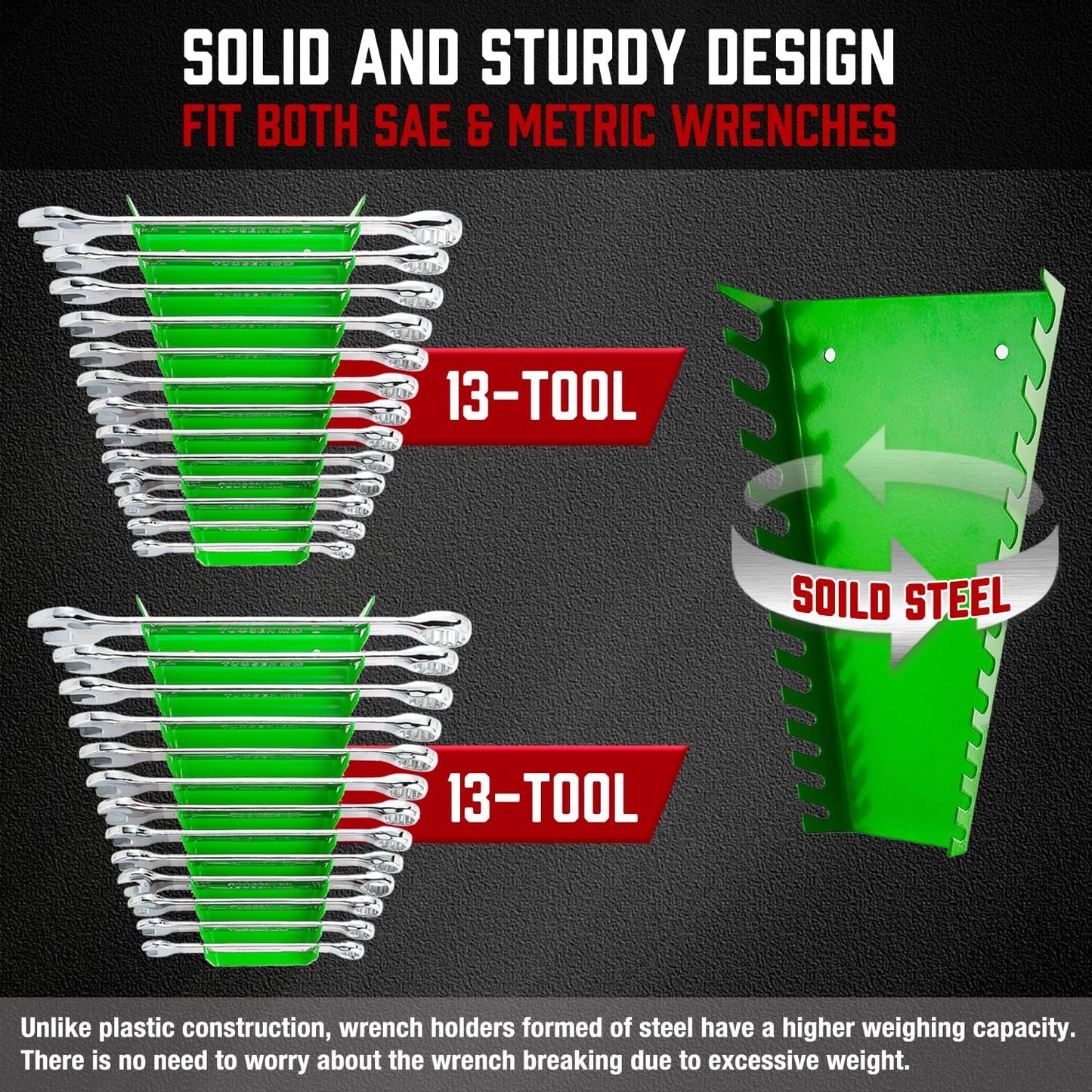 ALOANES 78-Slot Metal Wrench Organizer, Heavy Duty Wrench Organizer Tray for Tool Box, Fit SAE & Metric Wrench Storage, 6 Pack Wrench Holders(Green)