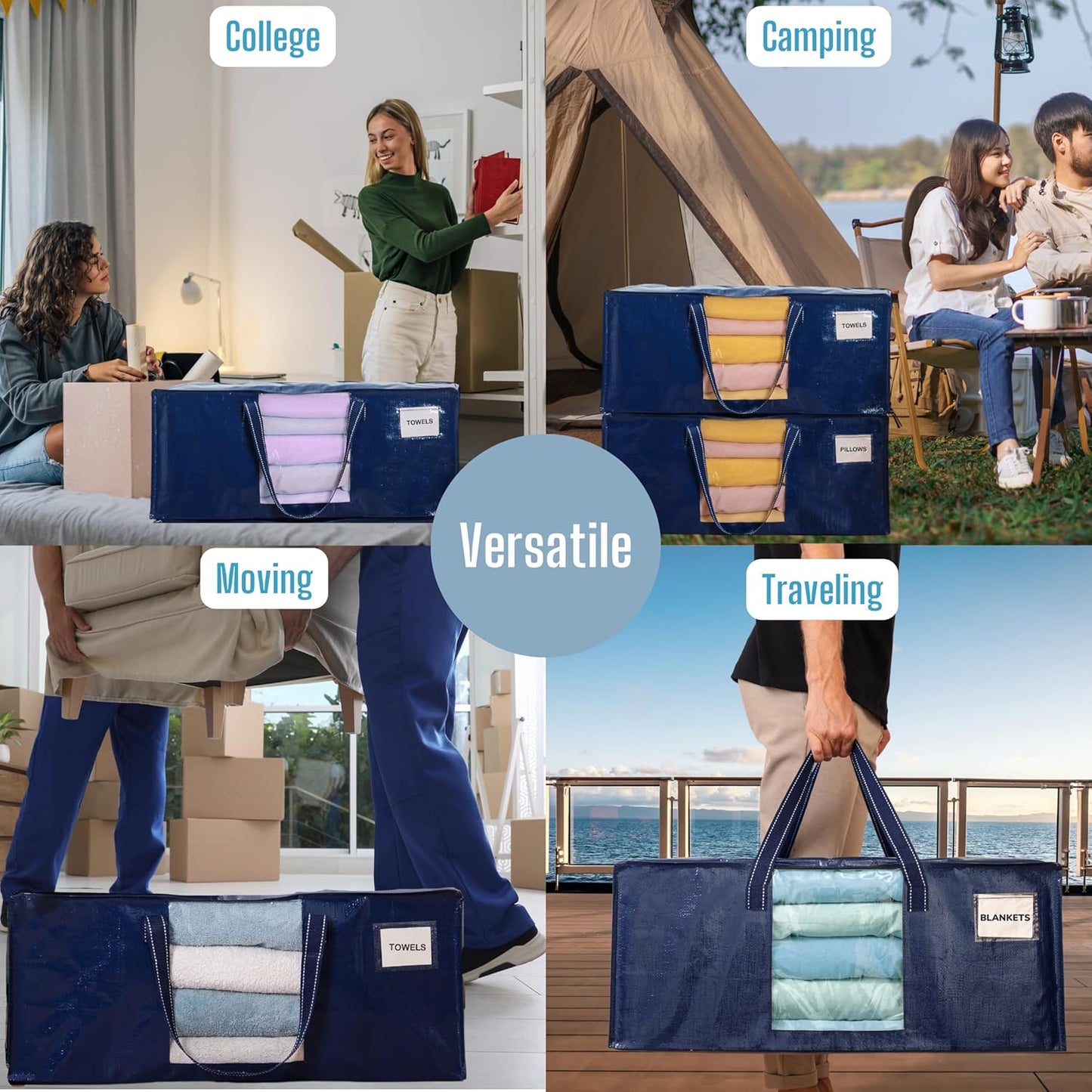 VENO 10 Pack Moving Bags Extra Large Storage Bags for College Move-In, Heavy-Duty Storage Totes, Packing Boxes, and Wardrobe Moving Supplies - Durable Laundry Bags for Clothes (Blue w/Window, 10 Pack)