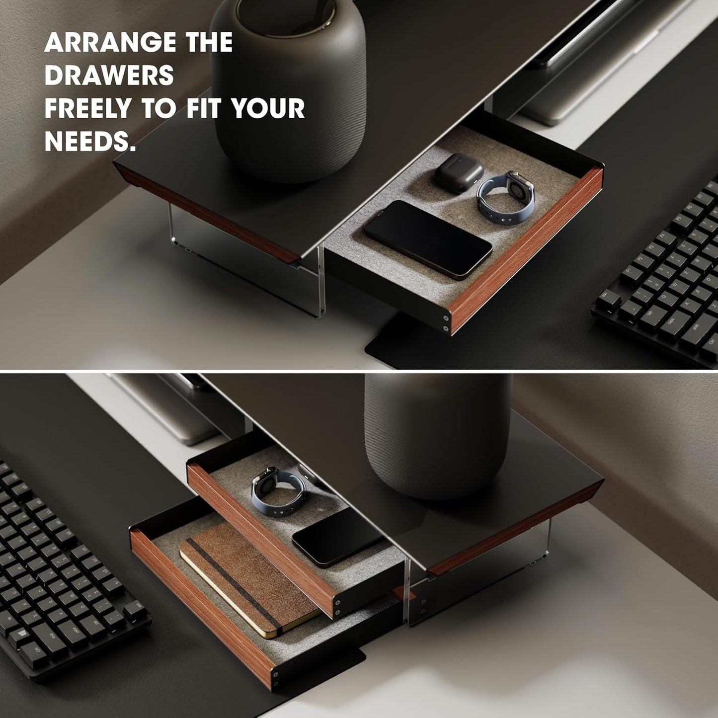 Fenge Dual Monitor Stand with Drawer, 42.5 Inch Large Monitor Riser with Acrylic Legs Supports, Computer Stand for Desk, 2 Tier Wood Desk Shelf with Storage Organizer for PC, Laptop, Printer, TV