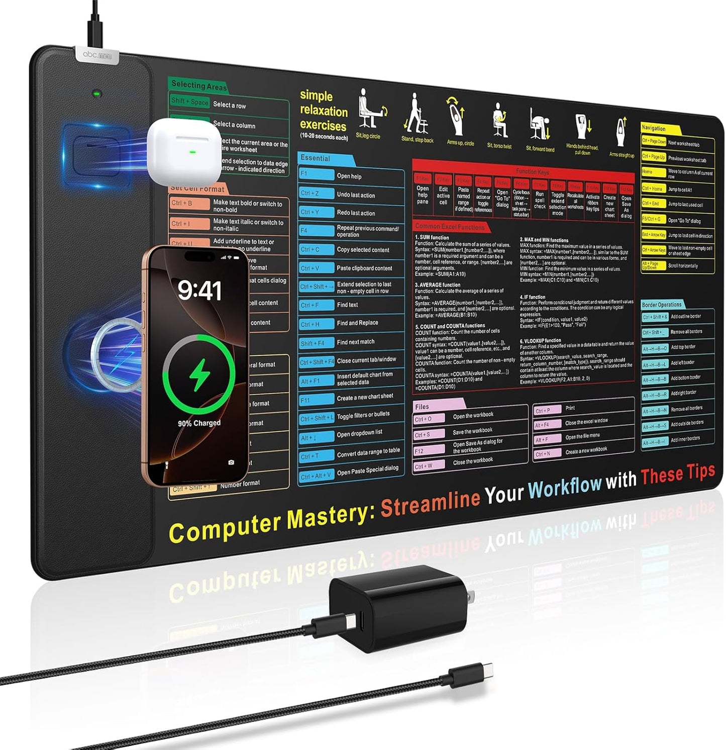 Excel Cheat Sheet Mouse Pad with Wireless Charging, 31.5"x15.8" Extended Excel Shortcuts Desk Pad, Waterproof Ultra-Smooth Keyboard Mat, Non-Slip Base