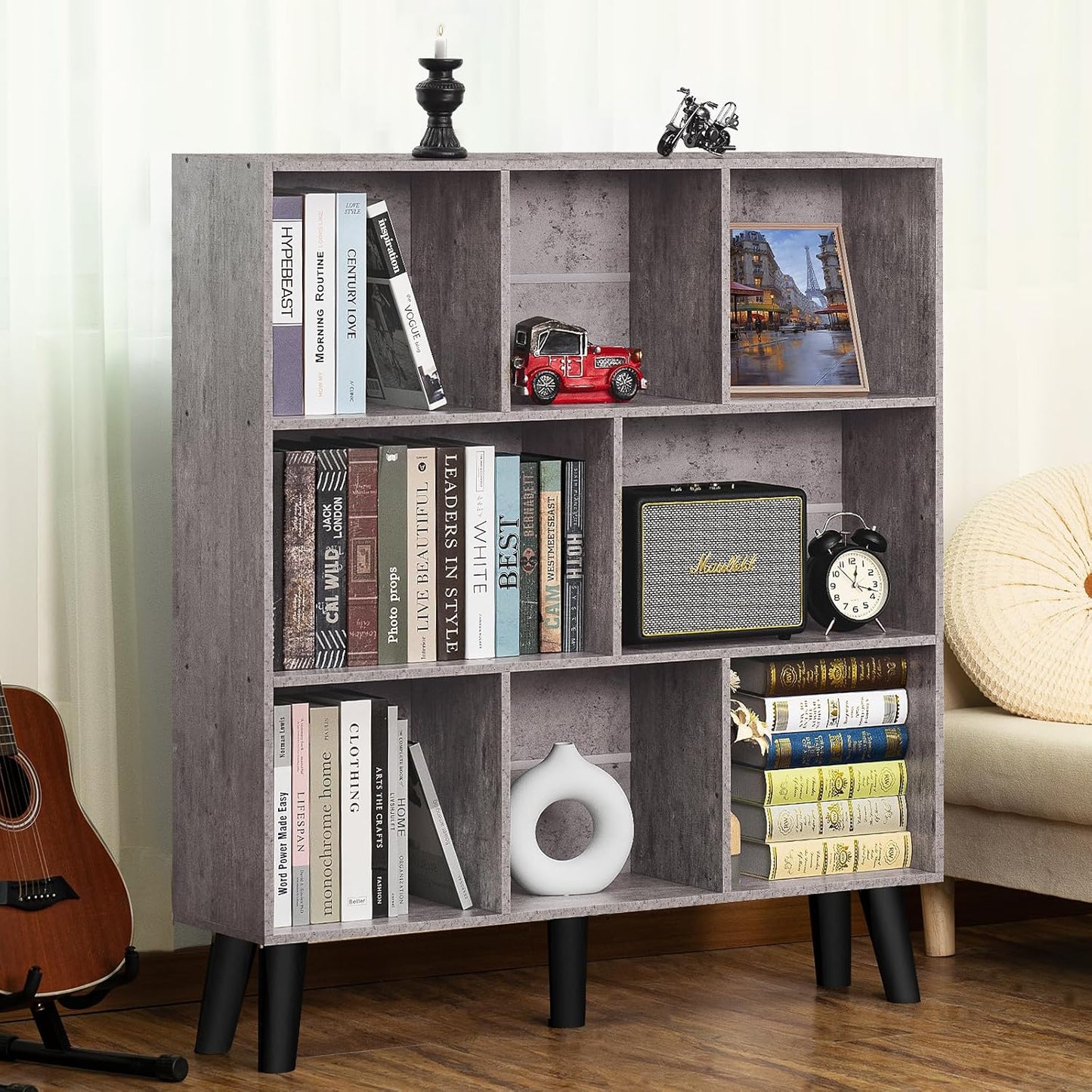 LEYAOYAO 8 Cube Bookshelf,Farmhouse Bookcase with Legs,Modern Dirty Grey Mid-Century Bookshelves,Large 3 Tier Open Storage Organizer Shelf, Retro Wood Display Book Case
