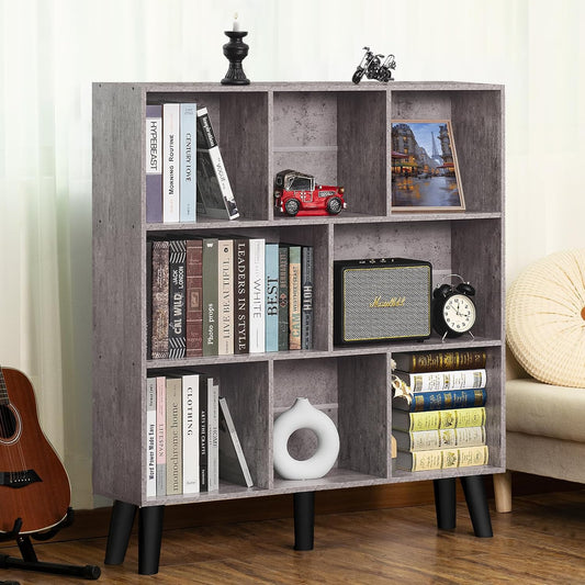 LEYAOYAO 8 Cube Bookshelf,Farmhouse Bookcase with Legs,Modern Dirty Grey Mid-Century Bookshelves,Large 3 Tier Open Storage Organizer Shelf, Retro Wood Display Book Case