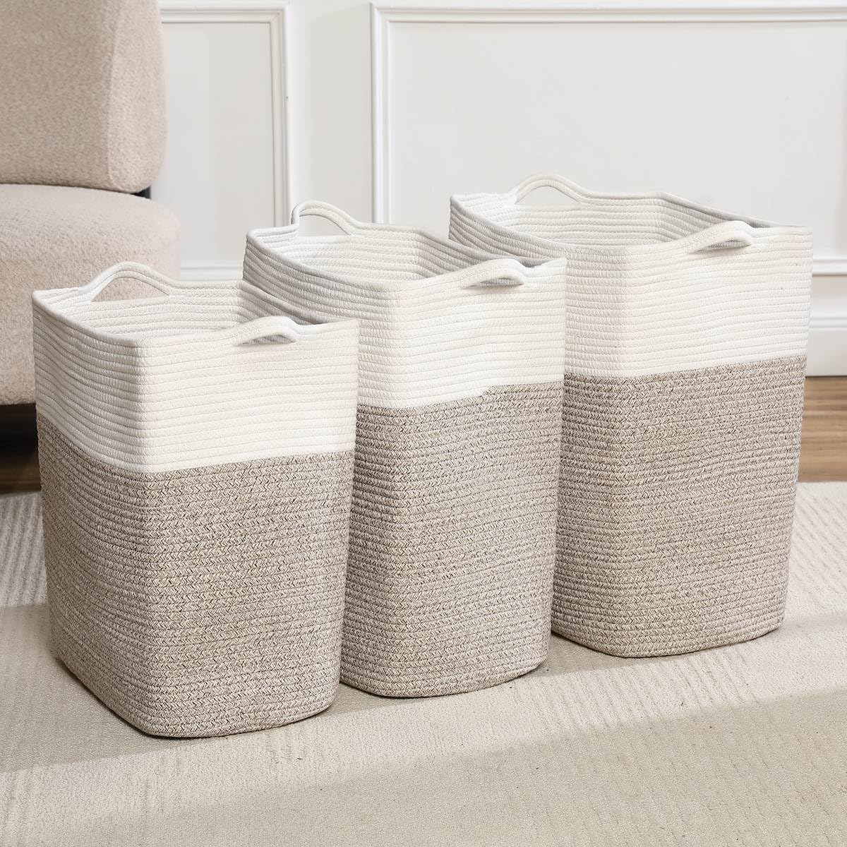 Tall Laundry Basket With Handles,Woven Cotton Rope Big Laundry Hamper Sorters,Versatile Storage for Dirty Clothes,Baby Toys,and Blankets in Bathroom, Nursery,and Living Room (White Brown, 80L)