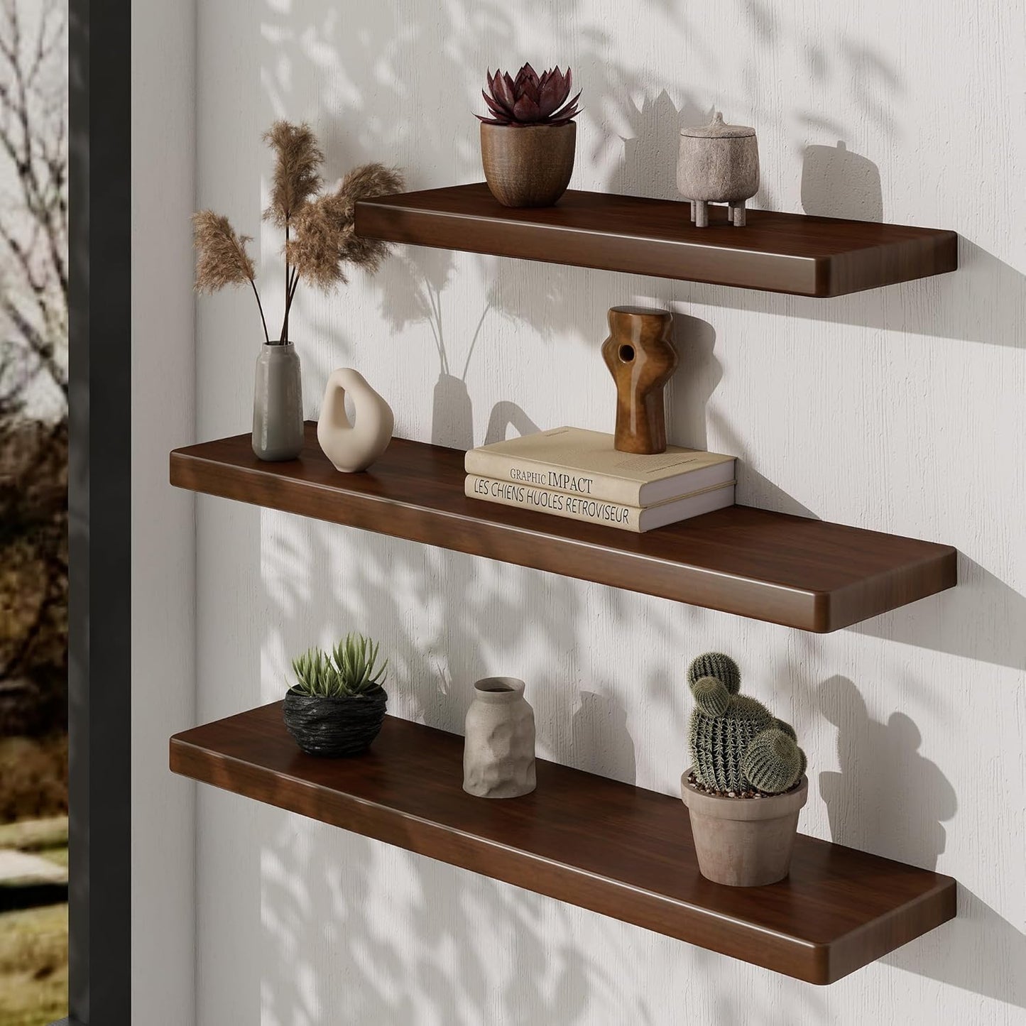 36" Rustic Walnut Wood Floating Shelves, 8 Inch Deep Wall Shelves for Home Decor, Wall Mounted Floating Shelf with Invisible Bracket, Heavy-Duty Storagefor Living Room, Bedroom, Kitchen, Set of 2