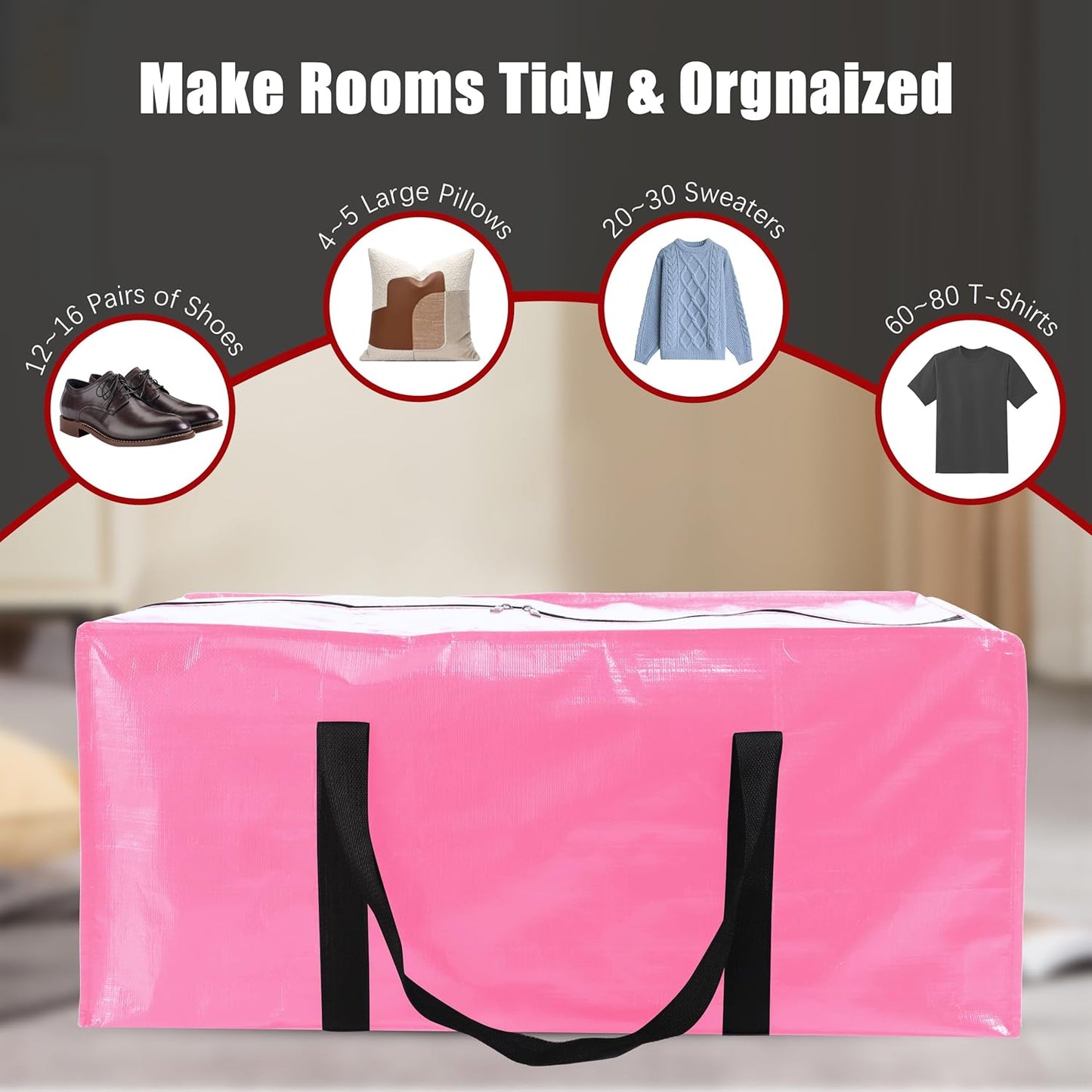8 Pack Extra Large Moving Bags with Zippers & Carrying Handles, Heavy-Duty Storage Tote for Space Saving Moving Storage, Fold Flat, Alternative to Box and Bin,Pink