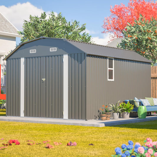 10x12 FT Metal Storage Shed with Floor Frame, Heavy-Duty Outdoor Storage Building with Diamond Roof, 4 Air Vents, Transparent Window & Lockable Double Doors, Snow-Resistant Backyard Garage Shed