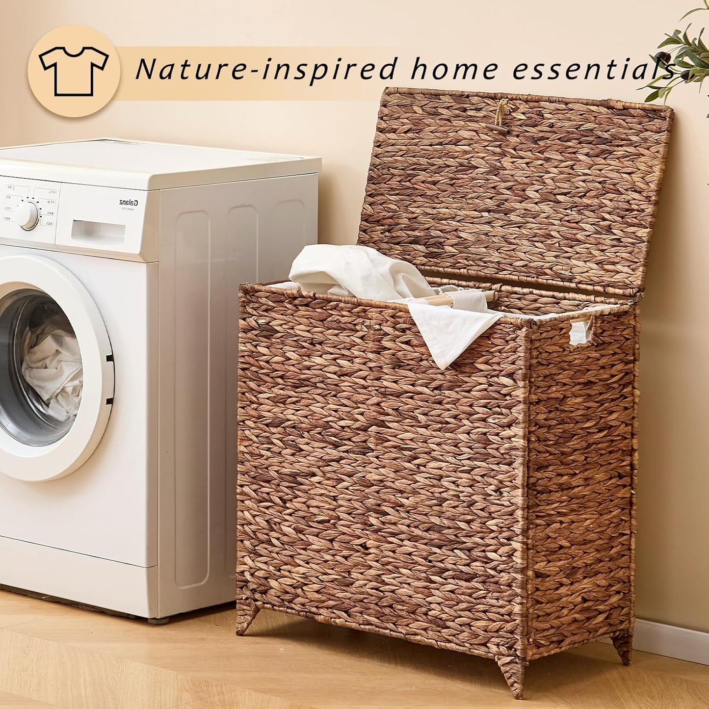 Handwoven Large Laundry Hamper with Lid and 2 Removable Liner Bags, Heightened Feet Natural Hyacinth Clothes Hamper,Wicker Laundry Basket for Clothes and Towels