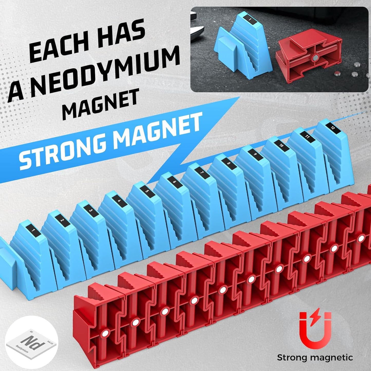 48PCS Magnetic Modular Wrench Organizers for Tool Drawers - Red & Blue - Wrench Rack with Metric & SAE Labels, Customizable Magnet Tool Storage Holder for Tool Box Organization