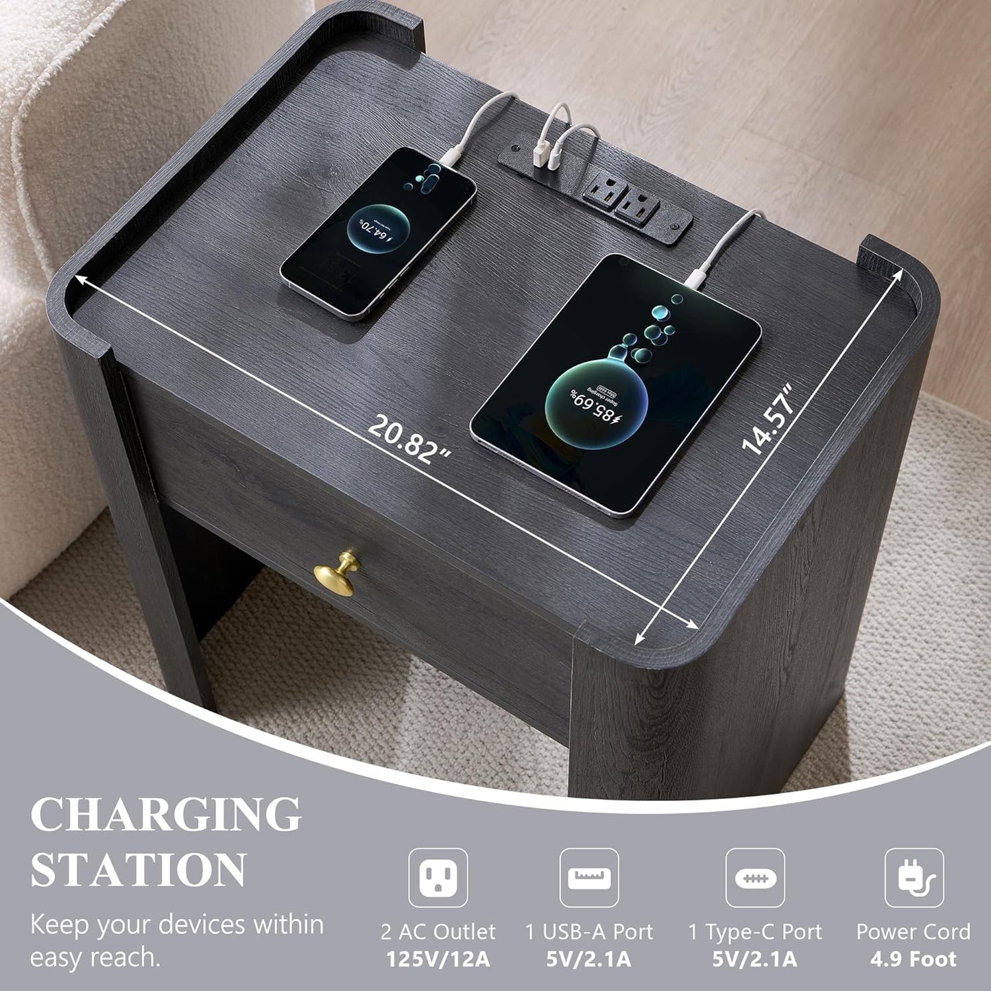 23.6" Tall Modern Nightstand Set of 2, 22" Wide Curved Bedside Table with Charging Station, Wooden Night Stand with 1 Storage Drawer, Large End Table for Bedroom, Living Room, Dark Grey