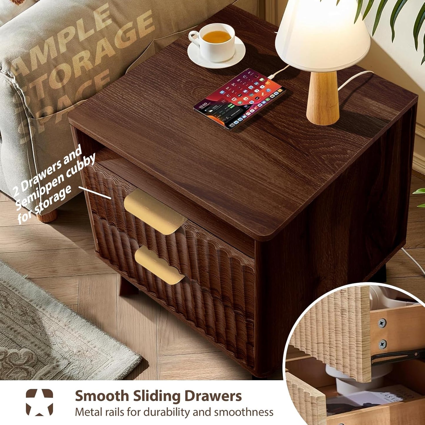 Fluted Nightstand - 24" Modern Bedside Table w/ 2 Drawers, Wood Bed Side End Table with Open Shelf, Night Stand with Storage Drawer, Curved Design Night Stands for Bedroom Living Room (Walnut)