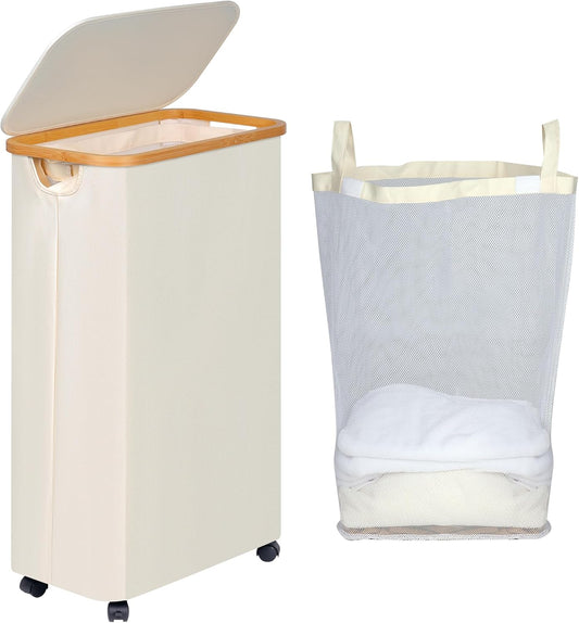 efluky Slim Laundry Hamper with Wheels, Narrow Laundry Basket with Lid and Removable Bag, Aesthetic Dirty Clothes Hamper on Wheels for Laundry Room, Bedroom, Dorm and Bathroom, 75L Beige