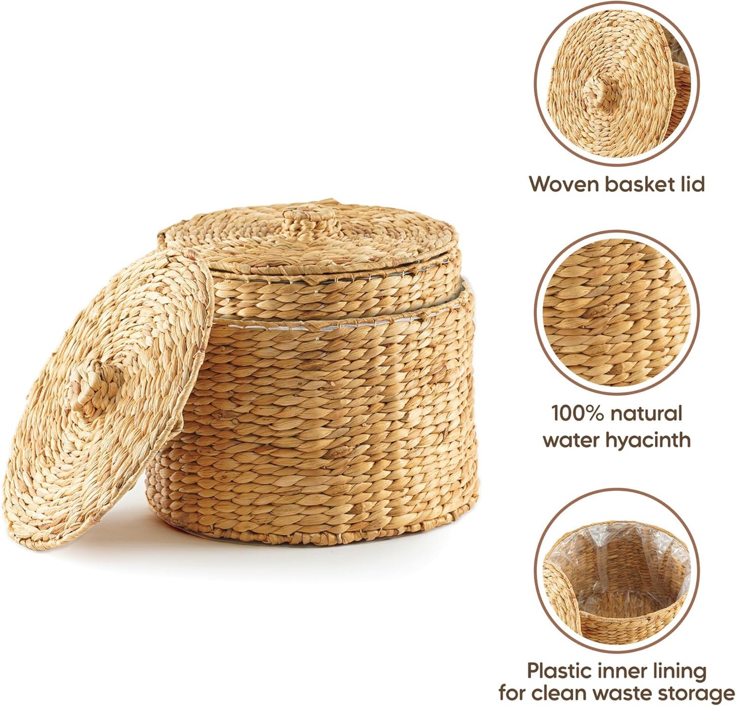 Greenatural Water Hyacinth Storage Baskets Set of 2, Handwoven Round Organizers with Lids and Plastic Liners, 2 Sizes, Decorative Wicker Bins for Home, Bedroom, Bathroom, Kitchen, Office