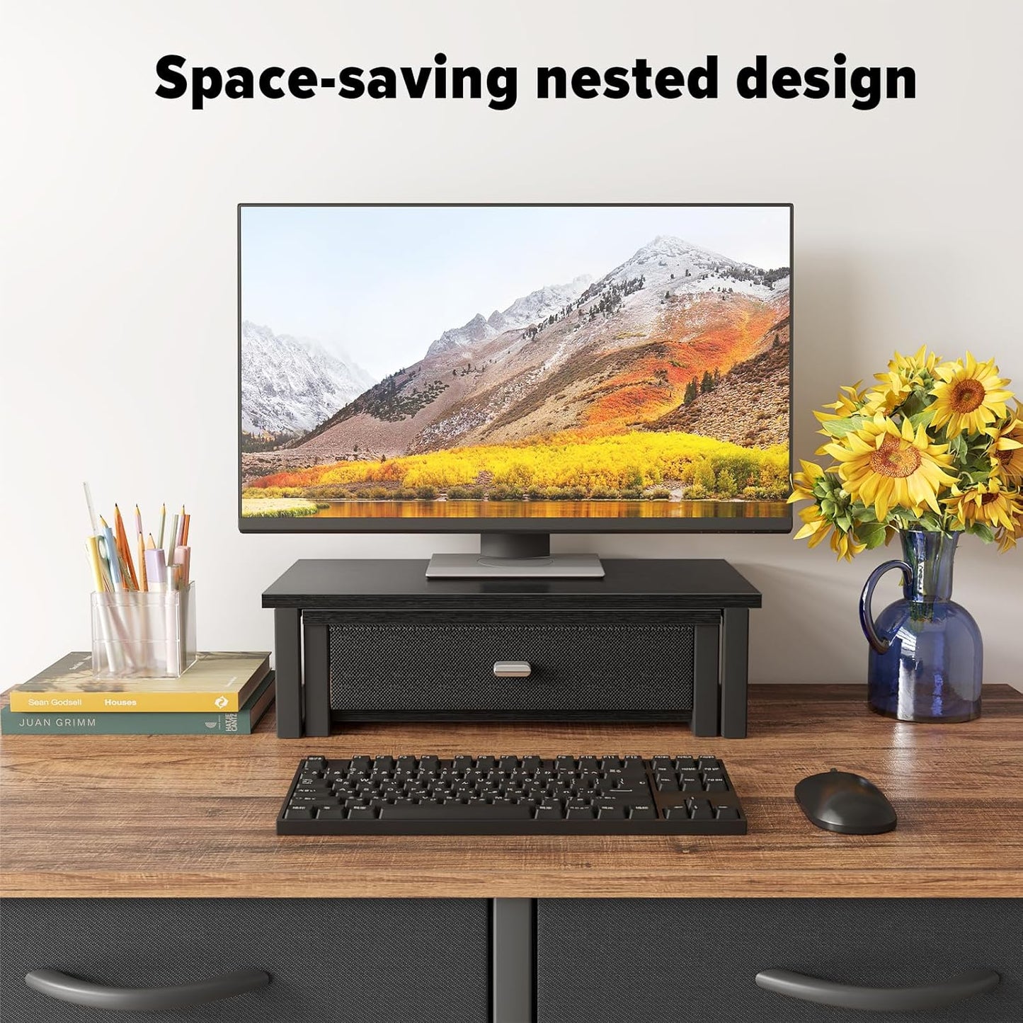 WOHOMO Dual Monitor Stand Riser with Drawers, Wood Desk Organizers for 2 Monitors, Desktop Storage Stand for Computer, Laptop, Black