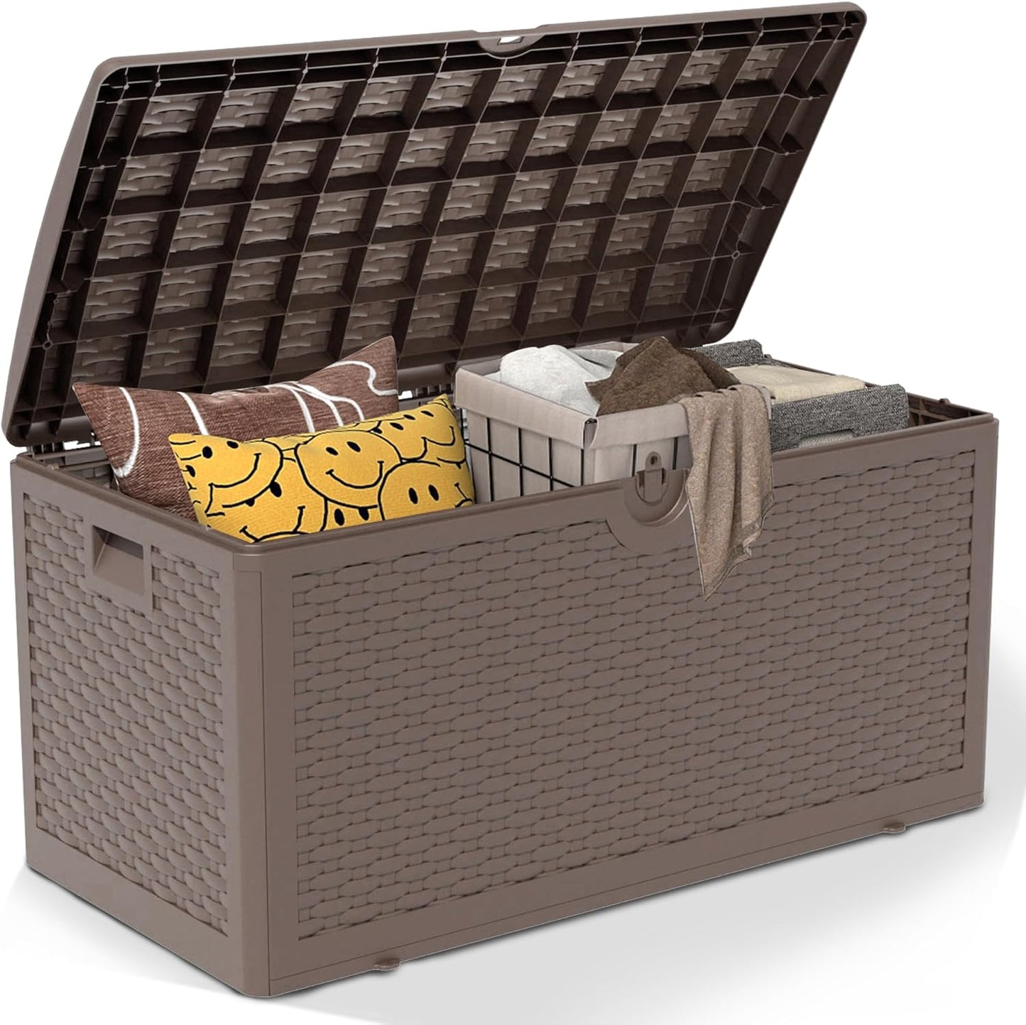 90 Gallon Pro Outdoor Storage Box Waterproof Lockable Resin Deck Box Large, Patio Storage Bin for Pool Accessories Cushion Furniture, Garden Tools, UV-Resistant Outside Delivery Brown