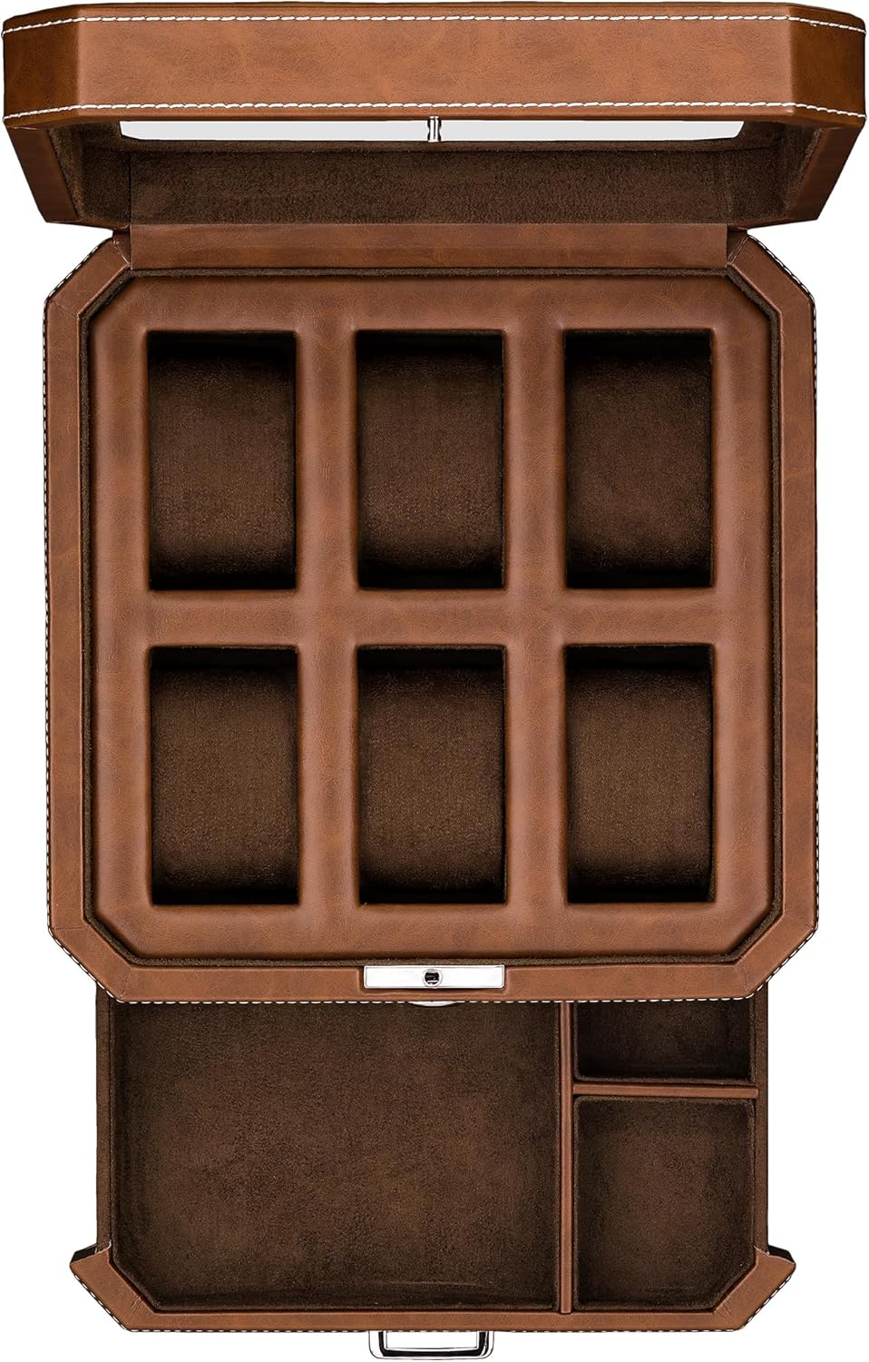 ROTHWELL 6 Slot Leather Watch Box with Valet Drawer - Luxury Case Display Organizer, Microsuede Liner, Locking Mens Jewelry Watches Holder, Men's Watch Storage Large Glass Top (Tan/Brown)