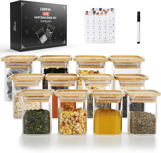 LIBWYS 12pcs Stackable Spice Jars, Square Spice Bottles with Bamboo Lid, 6.8oz Empty Glass Spice Jars with Labels, Seasoning Containers for Spice Rack, Cabinet, Drawe