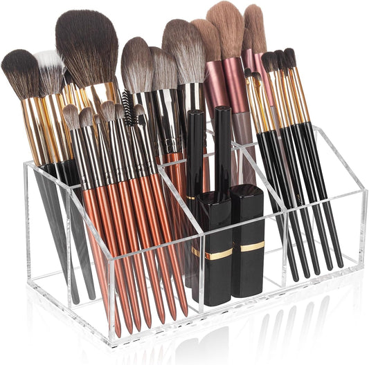 Clear Makeup Brush Holder Organizer Acrylic 6-Slots Cosmetic Brushes Storage Organizer for Vanity Countertop