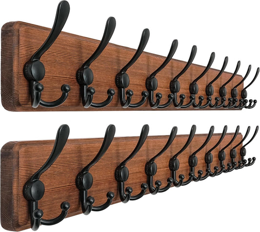 Dseap Coat Rack Wall - Heavy-Duty 38-1/4" Long, with Reinforced 10 Custom Tri-Hooks, Solid Wood Wall Hanger for Coats Hat Jackets - Rustic Farmhouse Entryway Storage, Natural & Black, Pack of 2