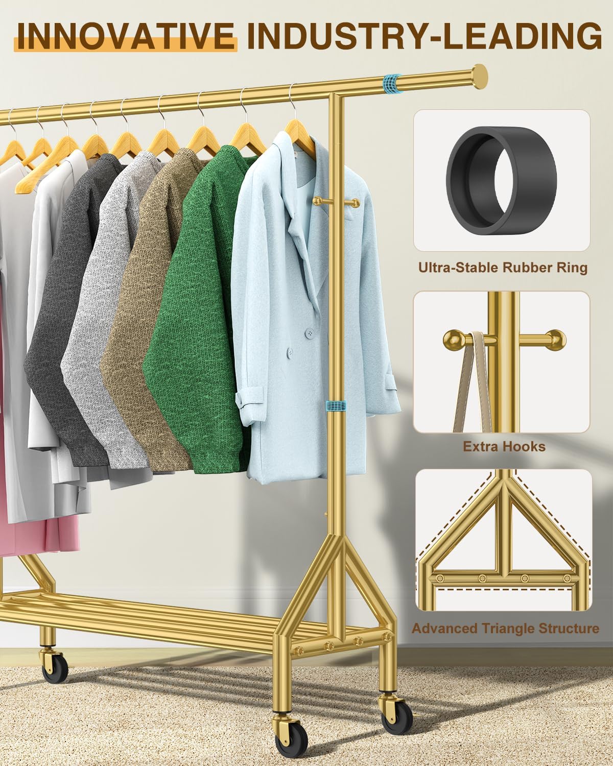 100% Stainless Steel Clothing Rack Load 760LBS, Ultra-Stable Heavy Duty Clothes Rack W/ Reinforced Rubber Ring, Extendable Adjustable Rolling Garment Racks W/ Sturdy Wheel for Portable Hanging Clothes