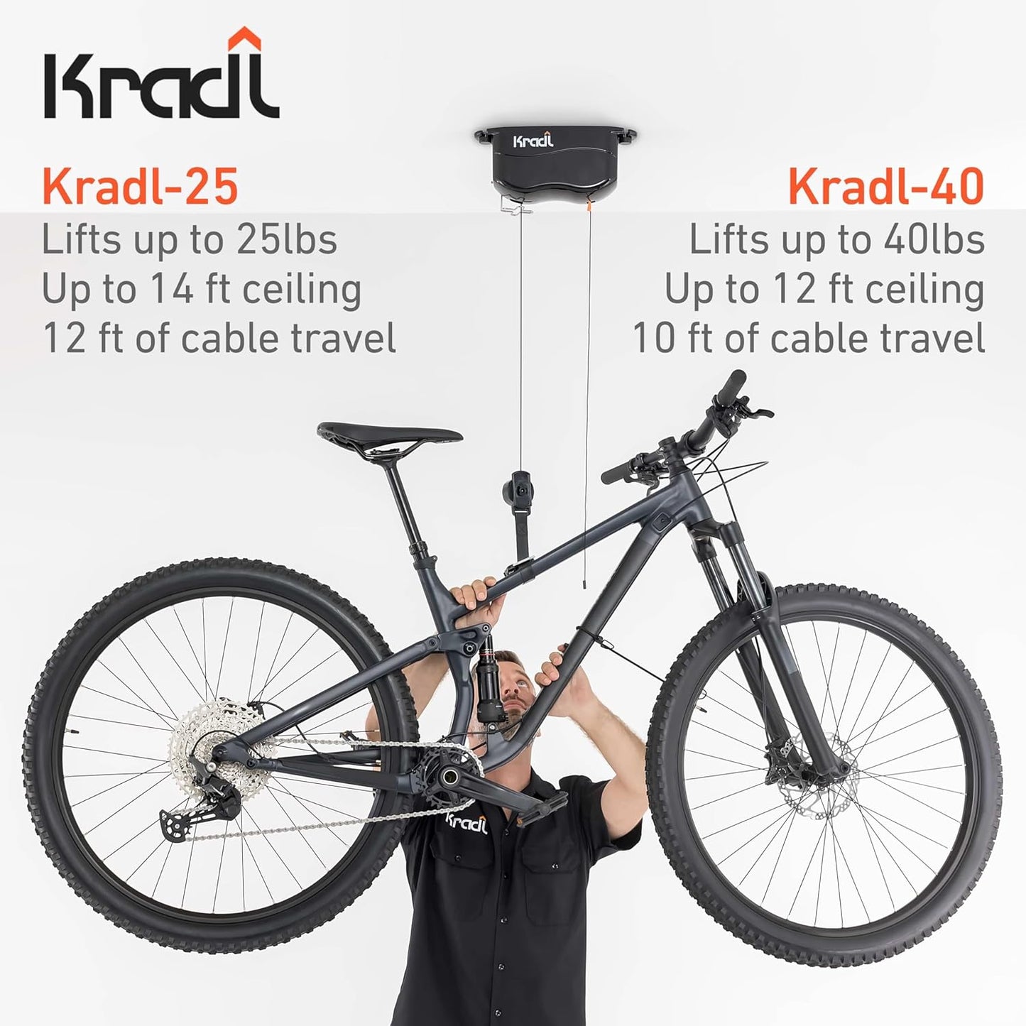 Kradl - Ceiling Mount Bike Lift and Rack. Bicycle Storage Hoist Without Electricity, Clumsy Ropes or Pulleys.