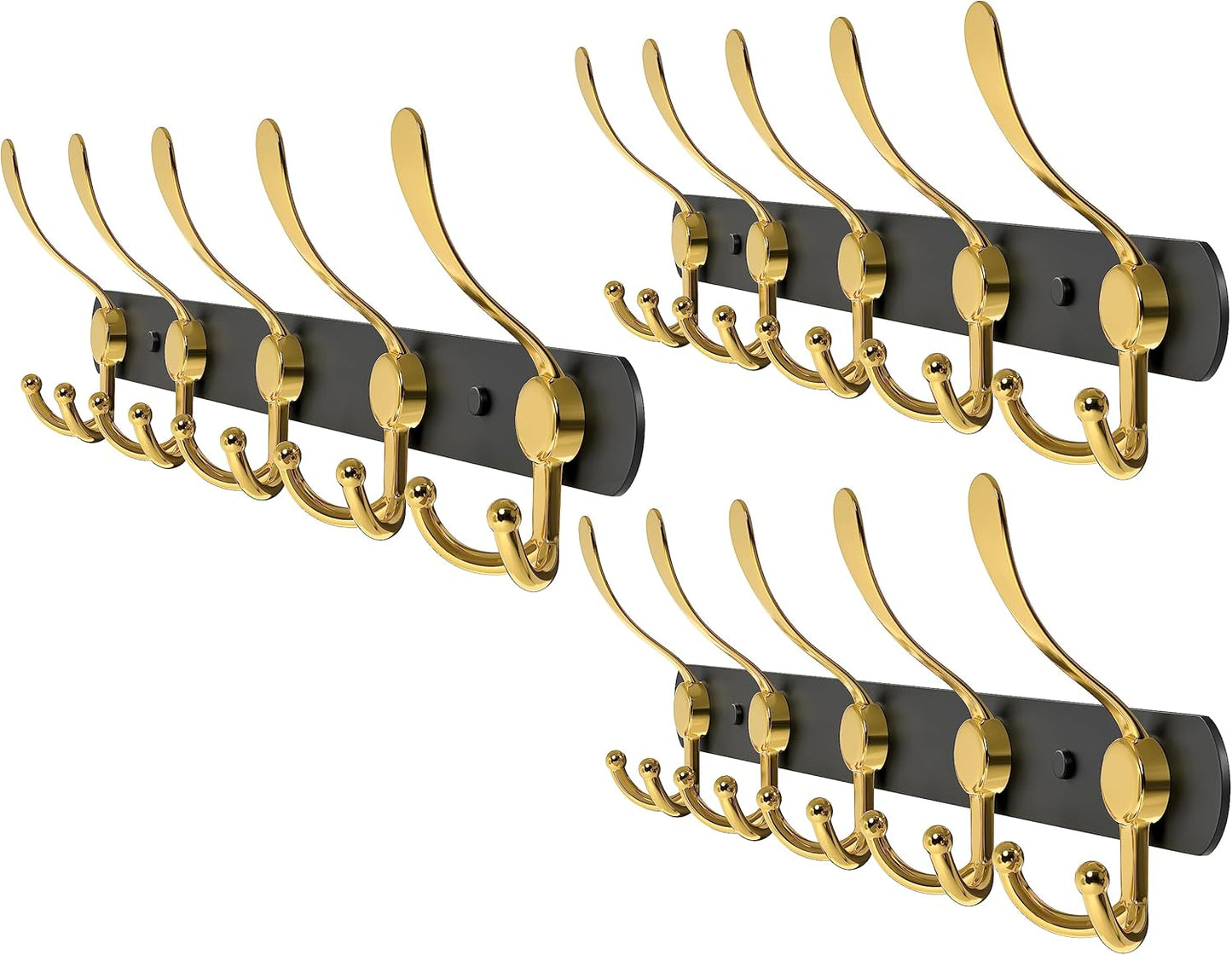 Coat Rack Wall Mount with 5 Tri Hooks, Stainless Steel 16 Inch – Black & Gold Matte Finish, Heavy Duty Wall Mounted Hook Rack for Coats, Hats, Towels, Scarfs, Robes, Bags, Entryway & Bathroom, 3 Pack