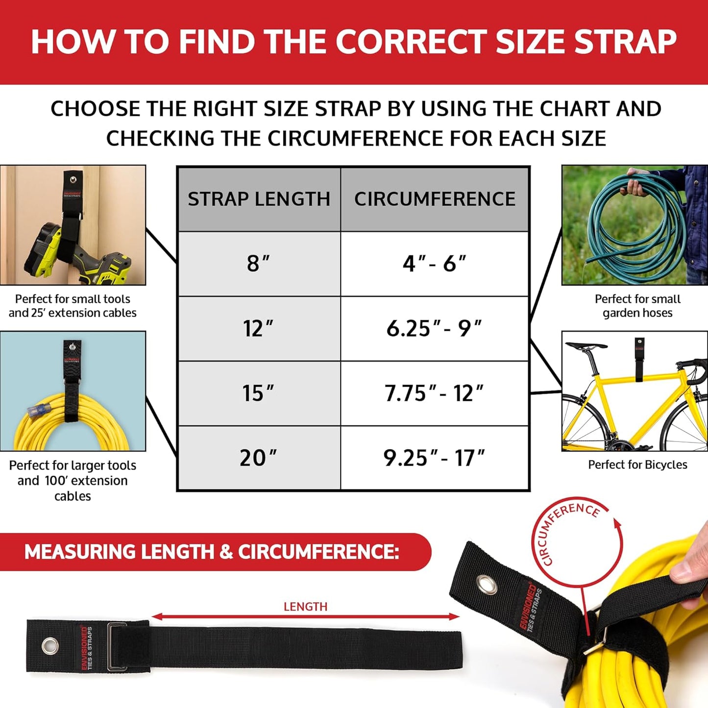 Heavy Duty Hanging Storage Cinch Straps with Metal Buckle (4 Pack, 1.5" x 15") - Electrical Extension Cord & Garden Hose Holder, Cable Management, Storage Organizer in Garage, Workshop - ENVISIONED
