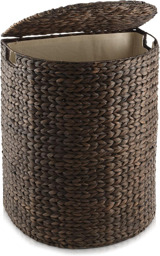 Casafield Half Moon Laundry Hamper with Lid and Removable Liner Bag - Espresso Dark Brown, Woven Water Hyacinth Laundry Basket for Clothes and Towels