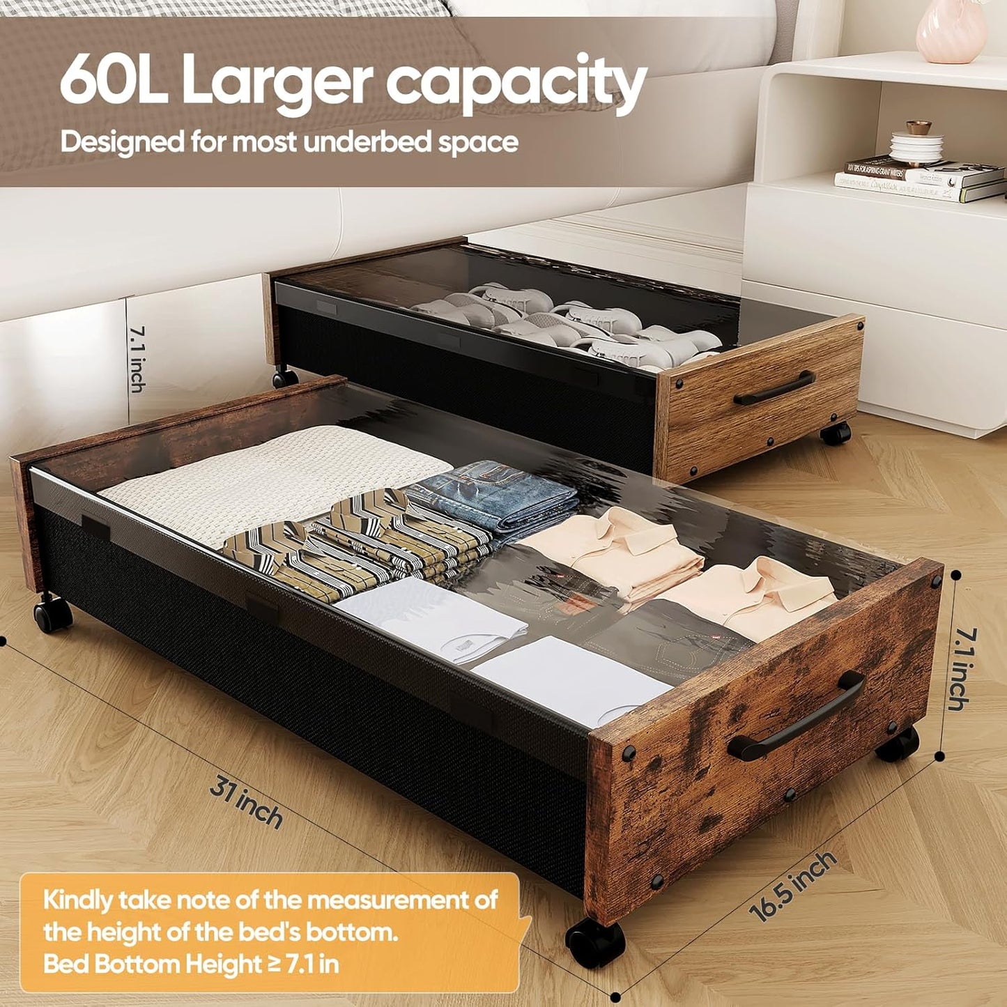 KITHELP Wooden Under Bed Storage with Wheels, Rolling Under the Bed Storage Bins with Removable Lid, Metal Under Bed Drawers for Clothes and Shoes in Bedroom or Living Room(Vintage Brown-1pack)