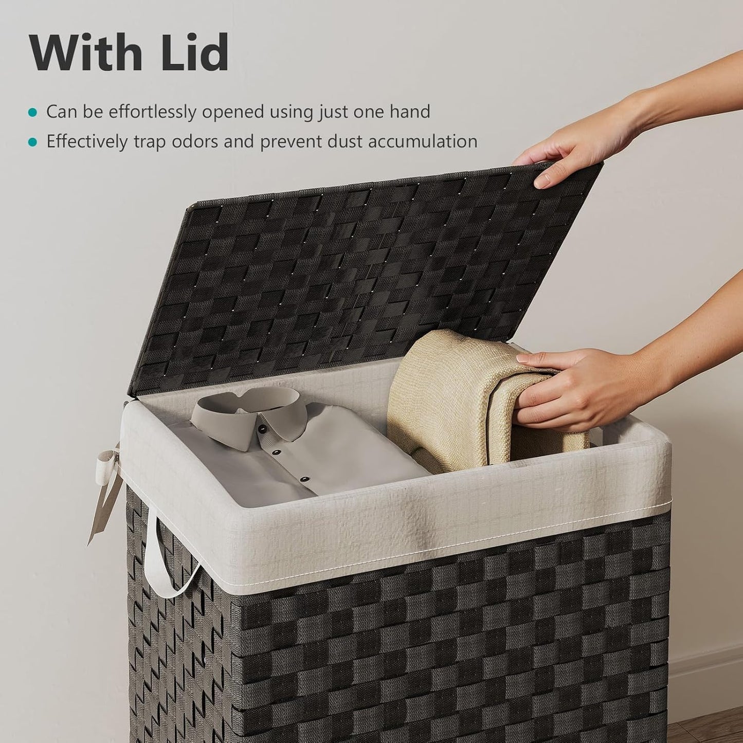 Foldable Laundry Hamper Basket with Lid by Fiona's magic, Handwoven 96L Large Clothes Hamper with Removable Liner Bags, Collapsible Tall Hamper for Bedroom, Bathroom and Dorm Organizer, 2Pack, Black