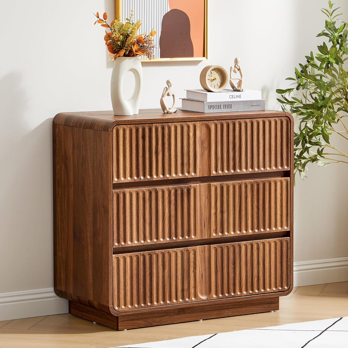 Turtle&Myrtle Fluted 3 Drawer Dressers for Bedroom, 31.5" Wide Large Mid Century Modern Nightstand W/3 Storage Drawers, Wood Dresser & Chest of Drawers with Curved Profile for Living Room (Walnut)