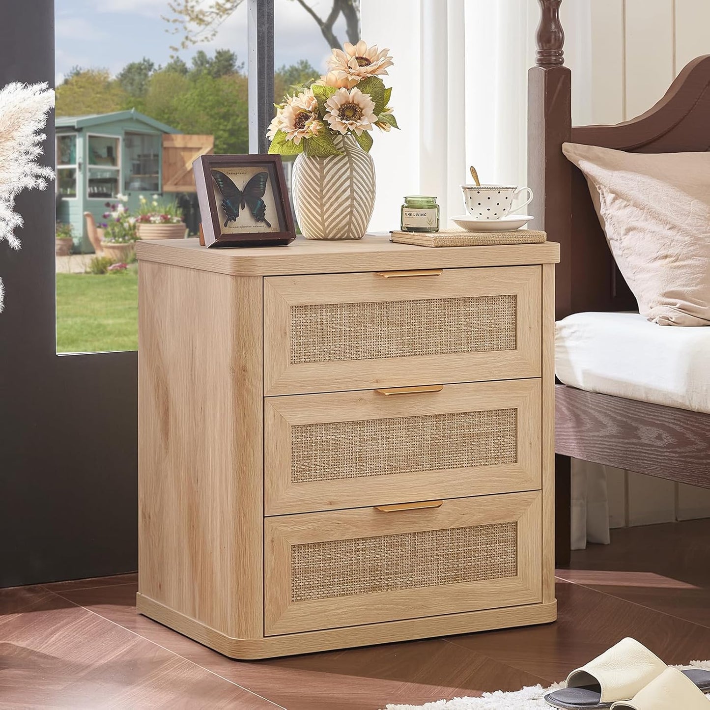 LEYAOYAO Rattan Night Stand with Charger Station, 23" Large 3 Drawer Boho Nightstand, Natural Wood Bedside Table Storage Cabinet, Bed Side End Tables for Bedroom, Living Room, Hallway